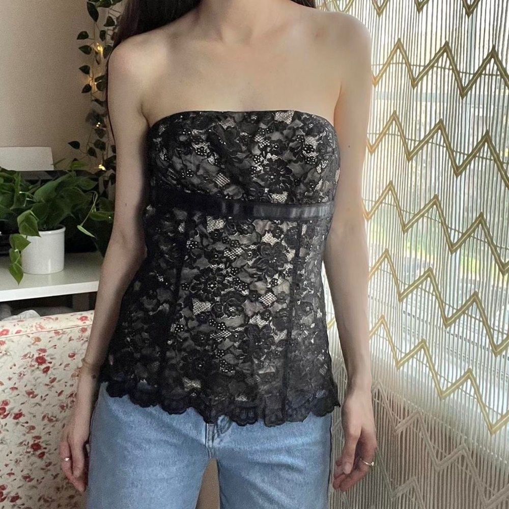 Express Black Tan Lace Ribbon Corset / Strapless Top